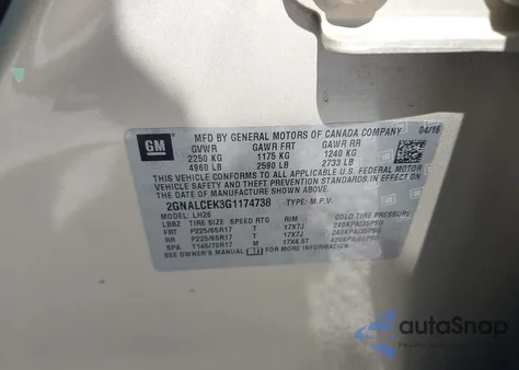 2016 Chevrolet Equinox Lt из США, поврежденный, VIN 2GNALCEK3G1174738